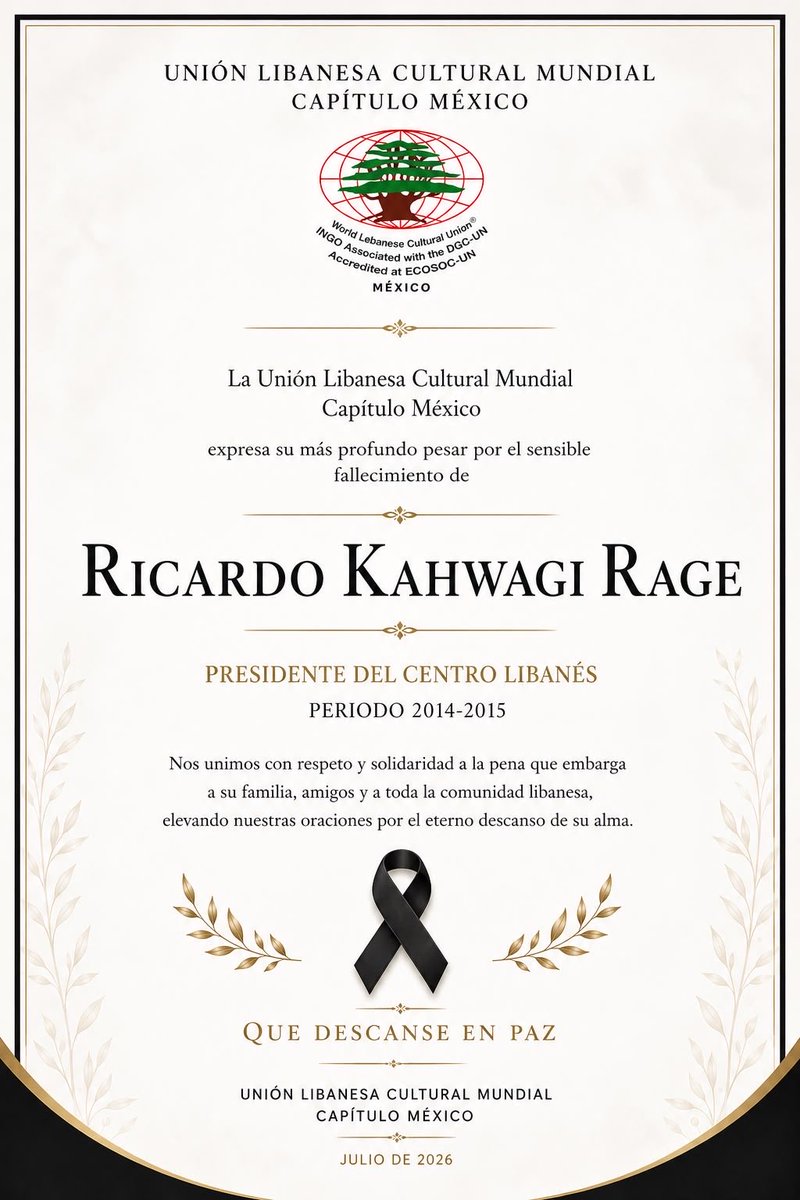 ULCM_MX's tweet photo. Lamentamos el sensible fallecimiento del señor Ricardo Kahwagi Rage, quien fungió como presidente del Centro Libanés durante el periodo 2014-2015. 

Descanse en paz. Nuestro pésame y condolencias para su familia y amigos. https://t.co/KPTcxOv5OQ