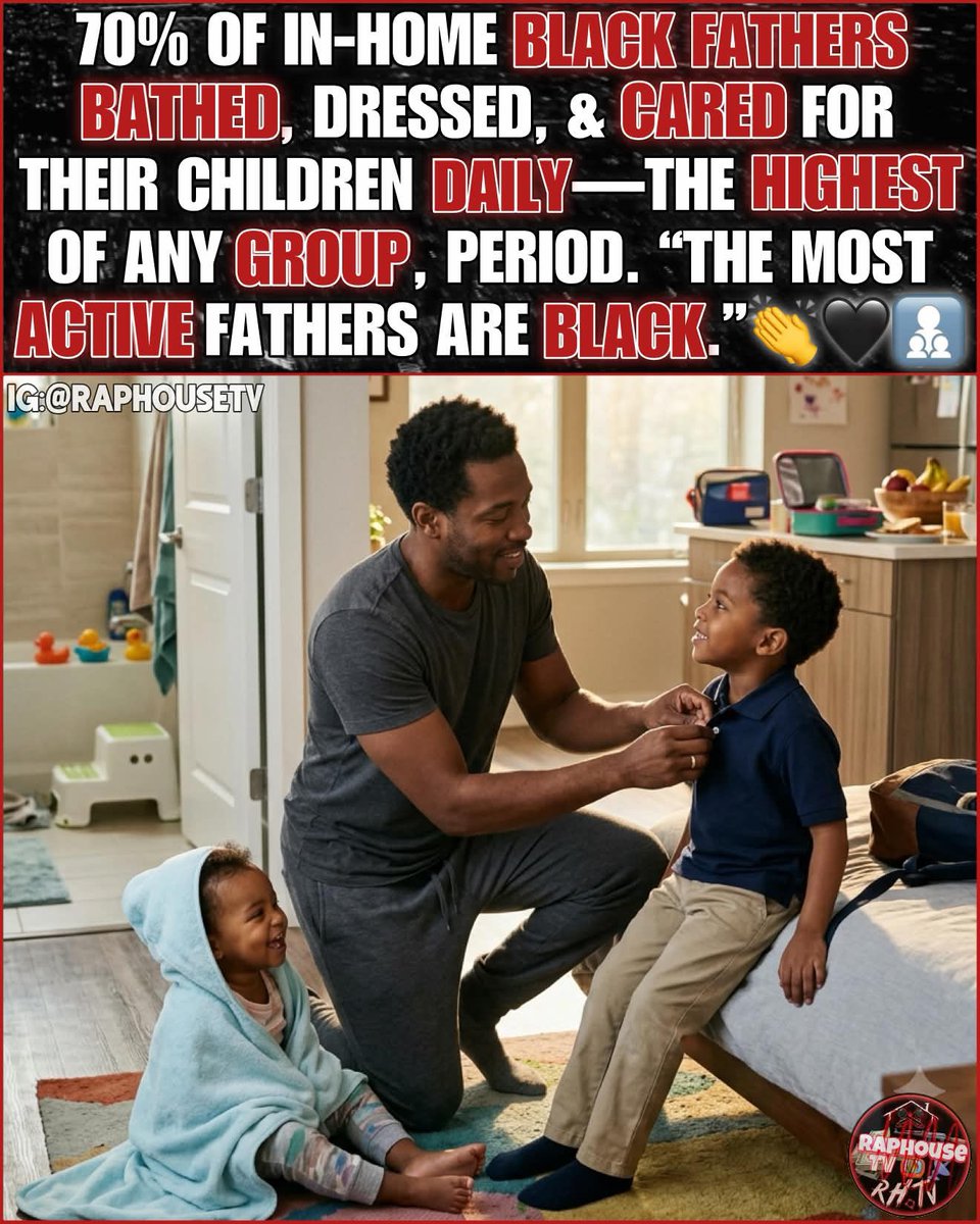 raphousetv2's tweet photo. 70% of In-Home Black Fathers Bathed, Dressed, &amp; Cared for Their Children Daily—The Highest of Any Group, Period. “The Most Active Fathers Are Black.” 👏🖤👨‍👧‍👦💯 https://t.co/zkdYRVkEg2