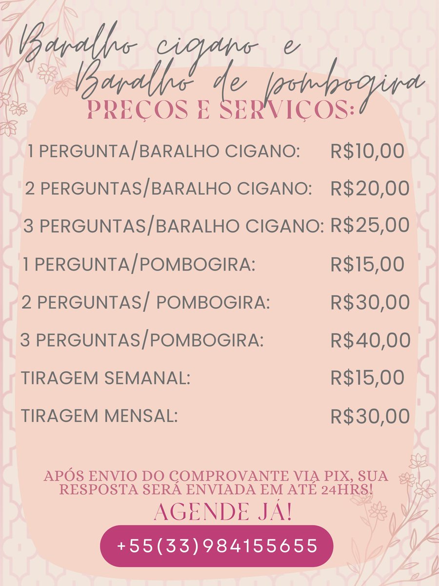 bruthina's tweet photo. Leituras de Tarot, baralhos de Pombogira, baralho cigano e trabalhos espirituais.
Venha agendar sua consulta espiritual comigo, com o axé de Exu!
+4 mil consultas realizadas.
#Tarô #Tarot #BaralhoCigano #Cartomante #Magia #Oráculo
📲 Link para contato: 👇
https://t.co/Yzus8MzAPF https://t.co/2uvhUfEFxx