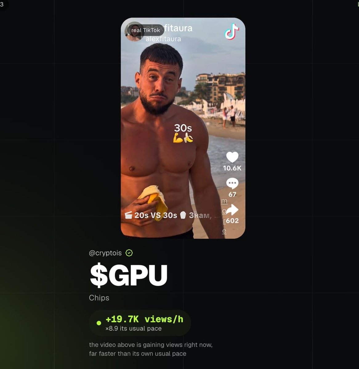 TikStokPad's tweet photo. Catching an early pump is a massive W. We just rolled out the Viral Scout update for TikStok.

If you have launched a token with us, Scout is monitoring your fresh TikToks. Just pure math based on public metrics.

Looking at total views is a lagging indicator. Scout tracks view velocity. It compares a new video against its own baseline. If a clip starts printing views noticeably faster than usual, Scout catches the breakout.

This levels the playing field. A spike for a small creator works exactly the same as for a mega account.

When a video takes off, a speed multiplier badge appears on the token card. It vanishes after 6 hours because we only care about live alpha.

Open the TikStok feed and watch the charts. Don't miss your next W.