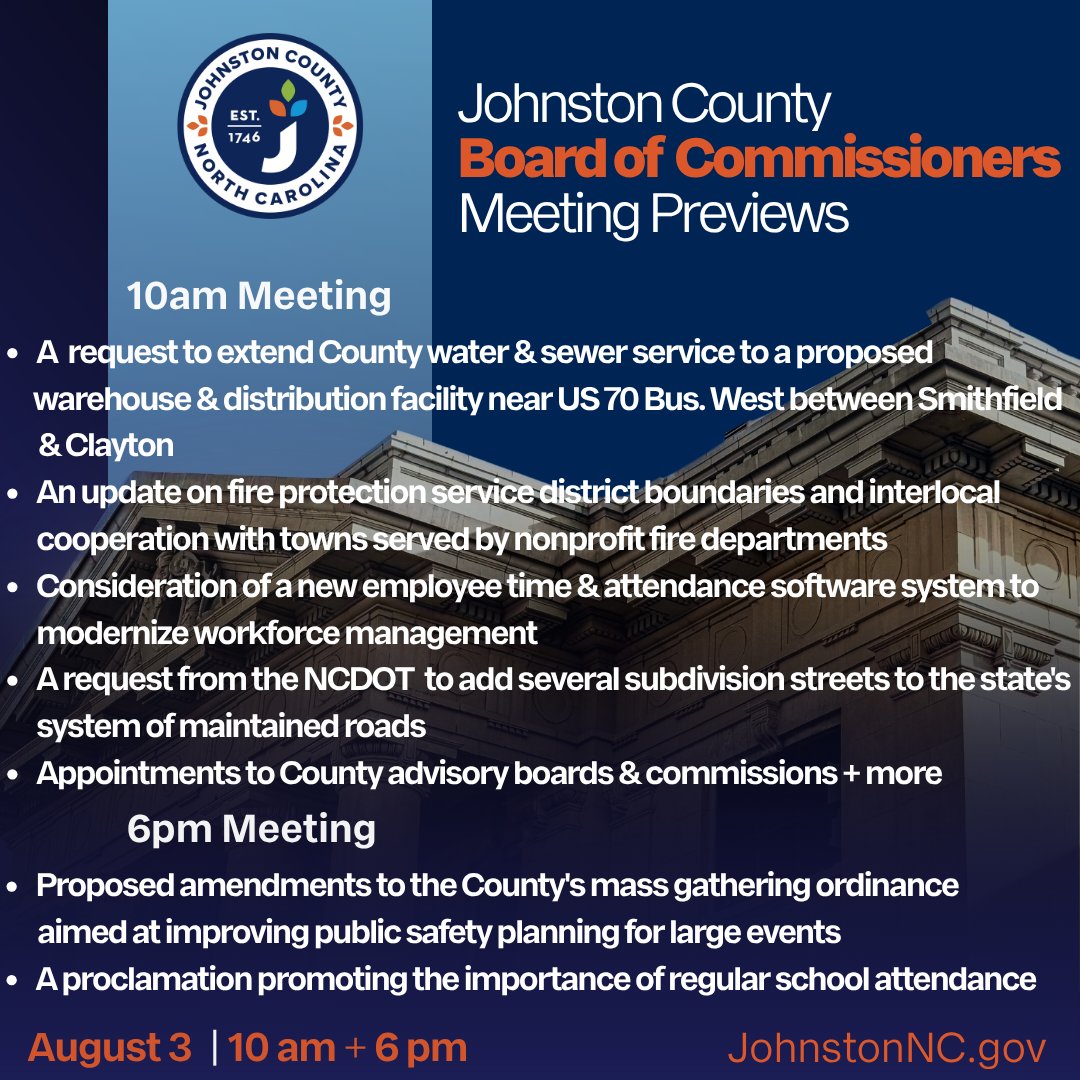 jocogovNC's tweet photo. The Board of Commissioners meets Monday, Aug. 3, at 10 a.m. and 6 p.m. at the Courthouse in Smithfield. Agenda items include an update on the Fire Protection Service District boundaries, mass gathering ordinance updates, and more. View the full agenda: https://t.co/ONdm9gqBS3. https://t.co/OeksB1fcrB