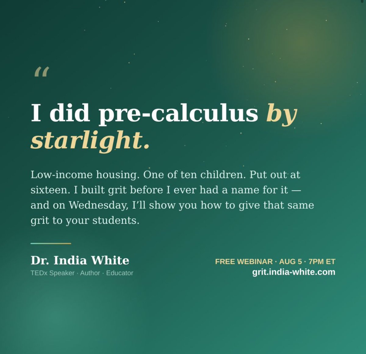DrIndiaMath's tweet photo. 📅 This Wednesday,
🎥 "Building G.R.I.T. Before Day One": Aug 5, 7PM ET
 👉 Register at https://t.co/x3M0WYGo7y
Who's coming with me? 🙋🏽‍♀️ 
#GRIT #Teachers #BackToSchool #Education #Grit #TeacherLife #Faith #drindiawhite #nctm #ncsm #nabse #tedx #uf https://t.co/iLwJIuUXui