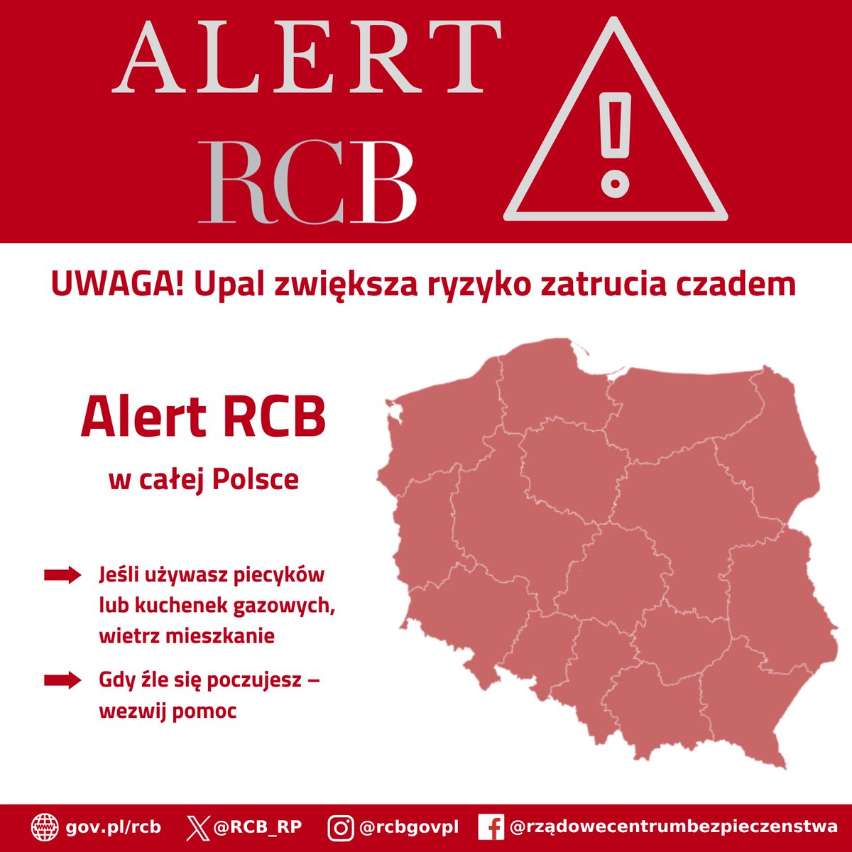RCB_RP's tweet photo. ‼️Uwaga! Alert RCB‼️

„UWAGA! Upal zwiększa ryzyko zatrucia czadem. Jeśli używasz piecyków lub kuchenek gazowych, wietrz mieszkanie. Gdy źle się poczujesz - wezwij pomoc”.

Alert RCB został wysłany na obszar całego kraju. https://t.co/X7KTYjc4LM