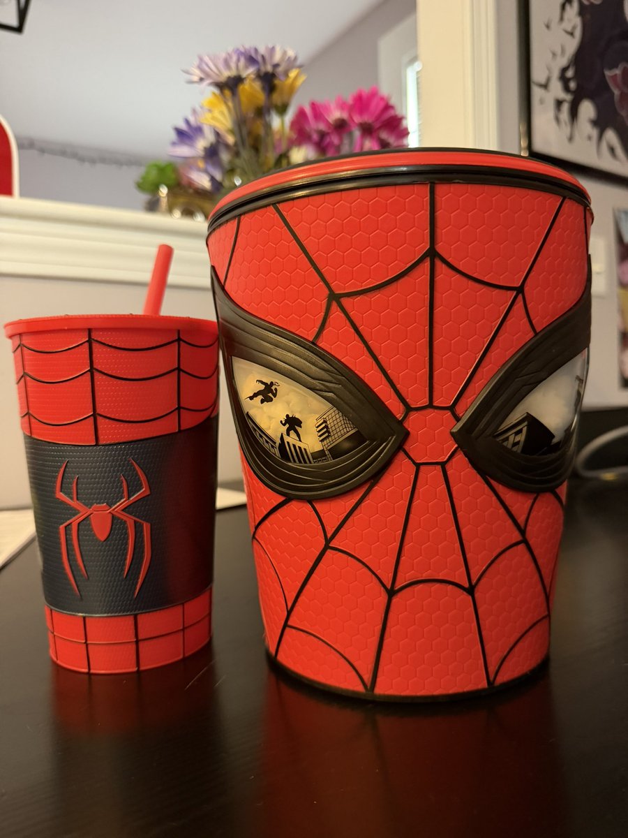 harbizard's tweet photo. the popcorn bucket &amp; cup for spider-man brand new day, love it ❤️🕸️🕷️ https://t.co/mXFUi13h44