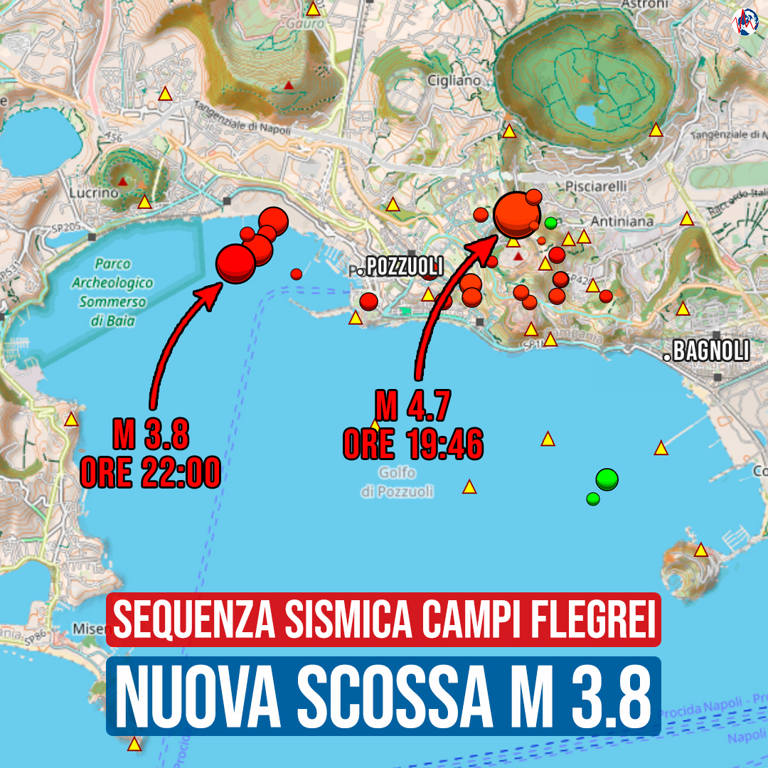 mondoterremoti's tweet photo. 🟠 #CampiFlegrei: la nuova forte scossa avvertita nell'area metropolitana di Napoli alle ore 22:00 ha avuto una magnitudo di 3.8 ed è stata localizzata al largo del porto di Pozzuoli ad una profondità di 2,7 km. https://t.co/6wPtYOQxz1