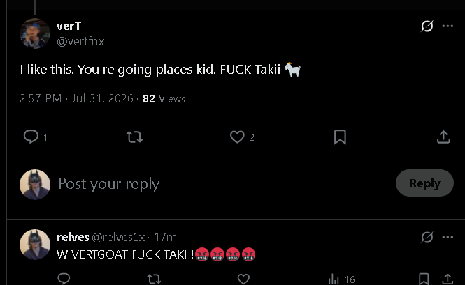 relves1x's tweet photo. RELVES X @vertfnx REST OF 2026 AND 2027 GEEG WE BOTH ON THE @Takiilmao HATE TRAIN LANDING HERE FNCS GRANDS! CONNING TAKI AND SEEK GEEG https://t.co/JaE9NvB0DW
