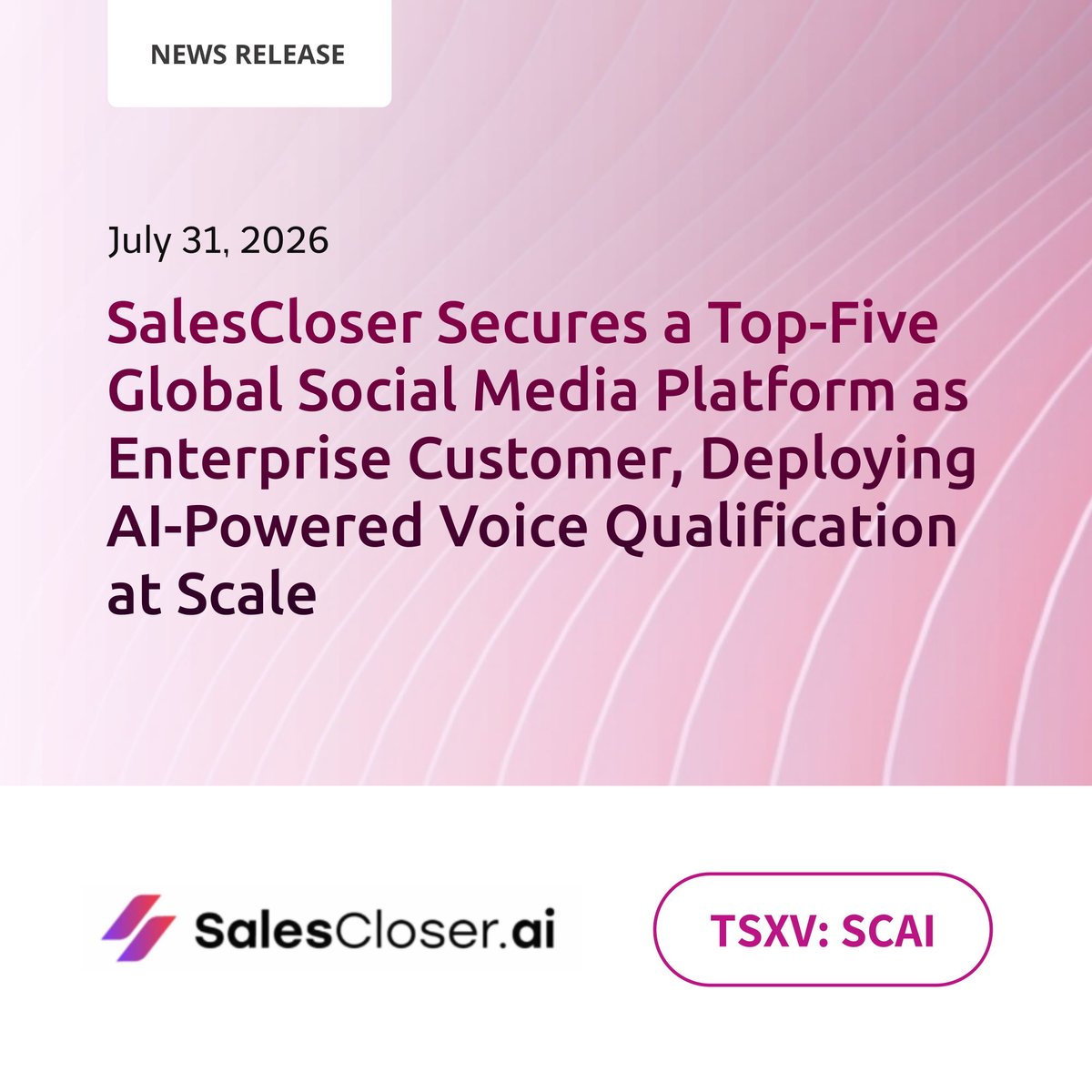 SalesCloserAi's tweet photo. $SCAI.V SalesCloser Secures a Top-Five Global Social Media Platform as Enterprise Customer, Deploying AI-Powered Voice Qualification at Scale

Read the full release https://t.co/0BD30u4WY6

#TSXV https://t.co/nmu8MtIe60