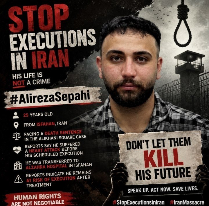 NNnana86's tweet photo. 🚨We urgently call for an immediate halt to the execution of Alireza Sepahi. Every human life deserves dignity, justice, and another chance. Please raise your voice. #StopExecutionsInIran #AlirezaSepahi #HumanRights
صدای #علیرضا_سپاهی باشید. https://t.co/zkxV65hyzf