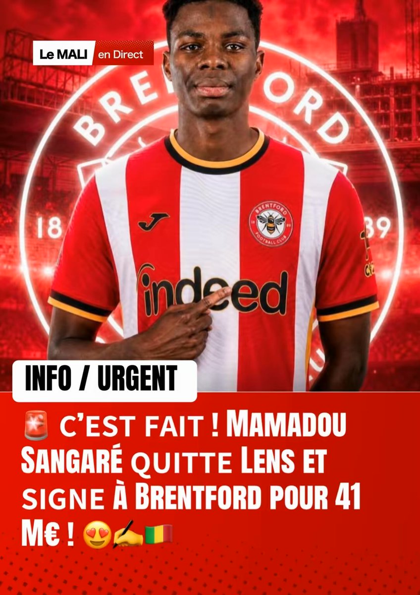 lemalien_direct's tweet photo. Voici une version courte, percutante et adaptée à X :

🚨🇲🇱 Mamadou Sangaré rejoint Brentford !

Un transfert estimé à 41 M€ qui entre dans l’histoire comme la plus grosse vente du RC Lens. Une immense fierté pour le football malien. 🦅🔥

👏 Bonne chance en Premier League ! https://t.co/zejORbfYej
