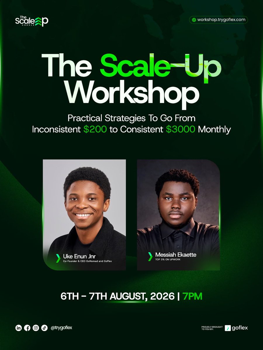 try_goflex's tweet photo. Years from now, you’ll either remember these two days as the moment everything changed 
Or you’ll wish you had shown up.

Your seat is waiting.
 https://t.co/Q0jGWCfD9b

#TheScaleUpWorkshop #GoFlex #Freelancing #RemoteWork #Upwork #CareerGrowth #DigitalSkills #African https://t.co/Pi67o1oPxI