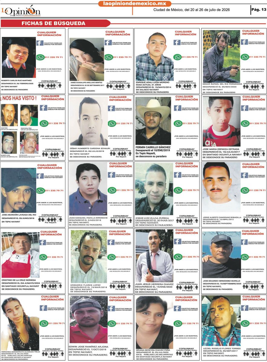 SimonLevyMx's tweet photo. Todos las semanas estamos publicando GRATUITAMENTE la información de los desaparecidos en México en nuestro periódico El Sol.
No vamos a parar hasta llevar a todos los rincones de México sus fotos para intentar localizarlos.
Si eres padre o madre buscadora te estamos ayudando. https://t.co/HjMBE8NPw8