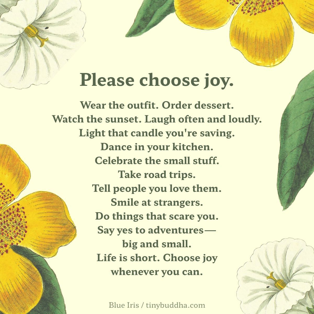 tinybuddha's tweet photo. "Please choose joy. Wear the outfit. Order dessert. Watch the sunset. Laugh often and loudly. Light that candle you're saving. Dance in your kitchen. Celebrate the small stuff. Take road trips. Tell people you love them. Smile at strangers. Do things that scare you. Say yes to adventures—big and small. Life is short. Choose joy whenever you can.”  ~Blue Iris