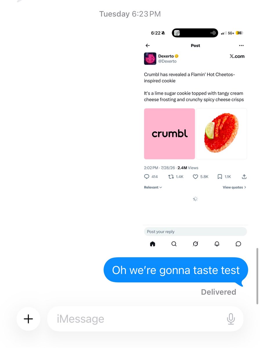 werebttm's tweet photo. @swiftlydunphy Me texting my coworker bc we chatted about crumbl before… #delivered https://t.co/UKv8YFRRYY