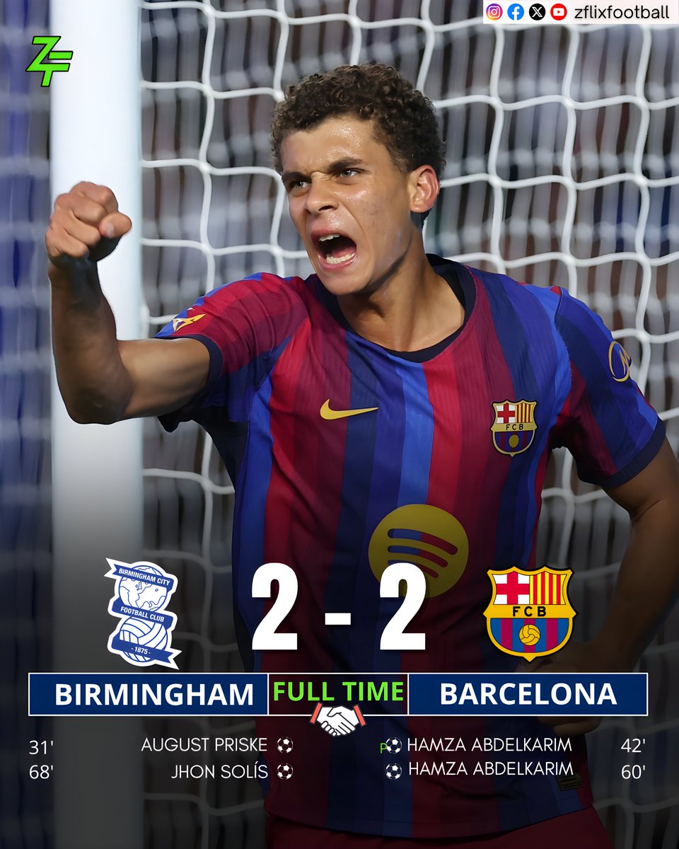zflixfootball's tweet photo. 🔵 Birmingham City 2-2 Barcelona 🔵 (Club Friendly Game)
⏰ 31' August Priske ⚽️
⏰ 68' Jhon Solís ⚽️
⏰ 42' Hamza Abdelkarim (P) ⚽️
⏰ 60' Hamza Abdelkarim ⚽️
—
#Birmingham #Barcelona #HamzaAbdelkarim #ClubFriendlyGame #zflixfootball .... https://t.co/BuurcUfKS3