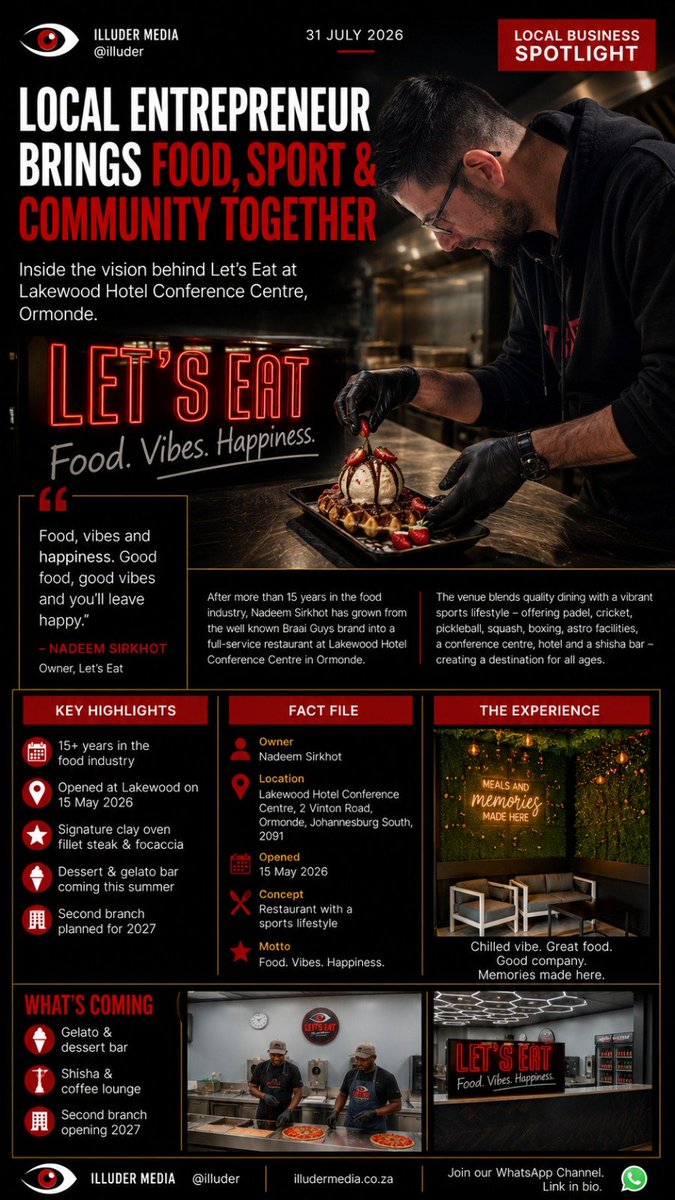 illuder's tweet photo. 📍 BEHIND THE STORY | LET'S EAT

From humble beginnings as a small food business to a growing sports café, Nadeem Sirkhot shares the vision behind Let's Eat at the Lakewood Hotel Conference Centre in Ormonde, Johannesburg South.

 #IlluderMedia https://t.co/olrR6mMPlt