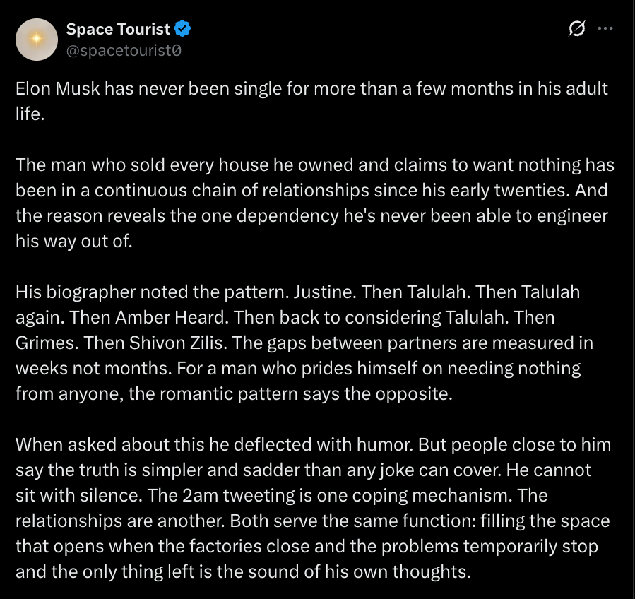BookOf42's tweet photo. Free speech—but please, could there be a label for stories like this?

It may not matter to everyone, but it matters to me.

Some of these accounts tell speculative stories about Elon and his character in ways that can easily be mistaken for fact, often seemingly for engagement.

A simple “Fictional / Speculative” label, as Grok suggested, would preserve freedom of speech while providing truth, context, and transparency.

Please.

@elonmusk @nikitabier 

Thanks!