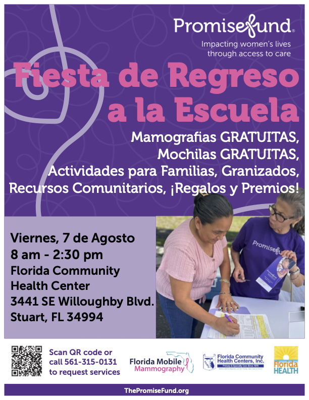 ThePromiseFund's tweet photo. Stuart: Free mammograms are available for eligible women on August 7.
Call 561-315-0131 to request services and confirm eligibility.
See below for information in English and Spanish.
#PromiseFund #FreeMammograms #CommunityHealth https://t.co/WPNIpjHQEX