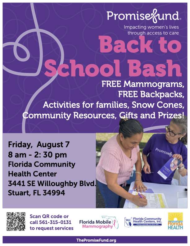 ThePromiseFund's tweet photo. Stuart: Free mammograms are available for eligible women on August 7.
Call 561-315-0131 to request services and confirm eligibility.
See below for information in English and Spanish.
#PromiseFund #FreeMammograms #CommunityHealth https://t.co/WPNIpjHQEX