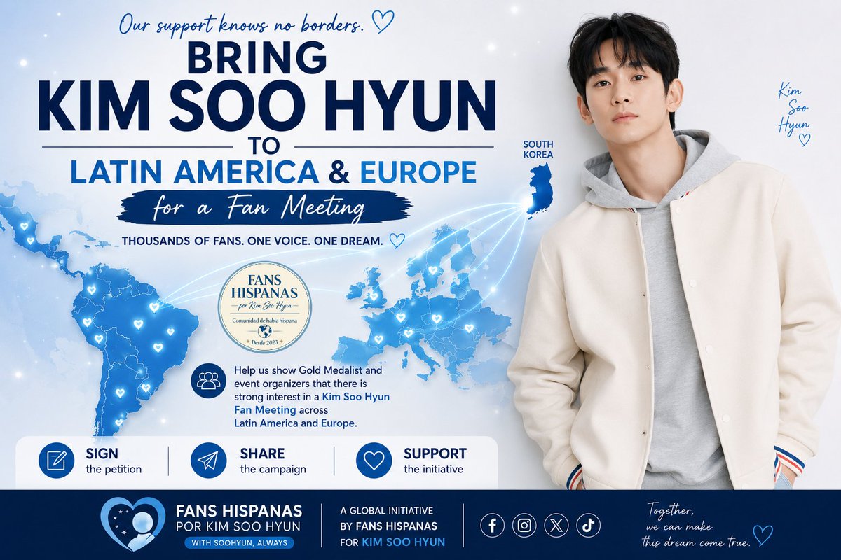 KSHFANSHISPANAS's tweet photo. 💙 Demostremos el interés por un Fan Meeting de Kim Soo Hyun en Latinoamérica y Europa. ¡Firma y comparte la petición!
https://t.co/CoZdgpt4qH
 Cada voz cuenta. 🌍📝  #KimSooHyun #김수현 #FanMeeting https://t.co/EGK0kYKk2A