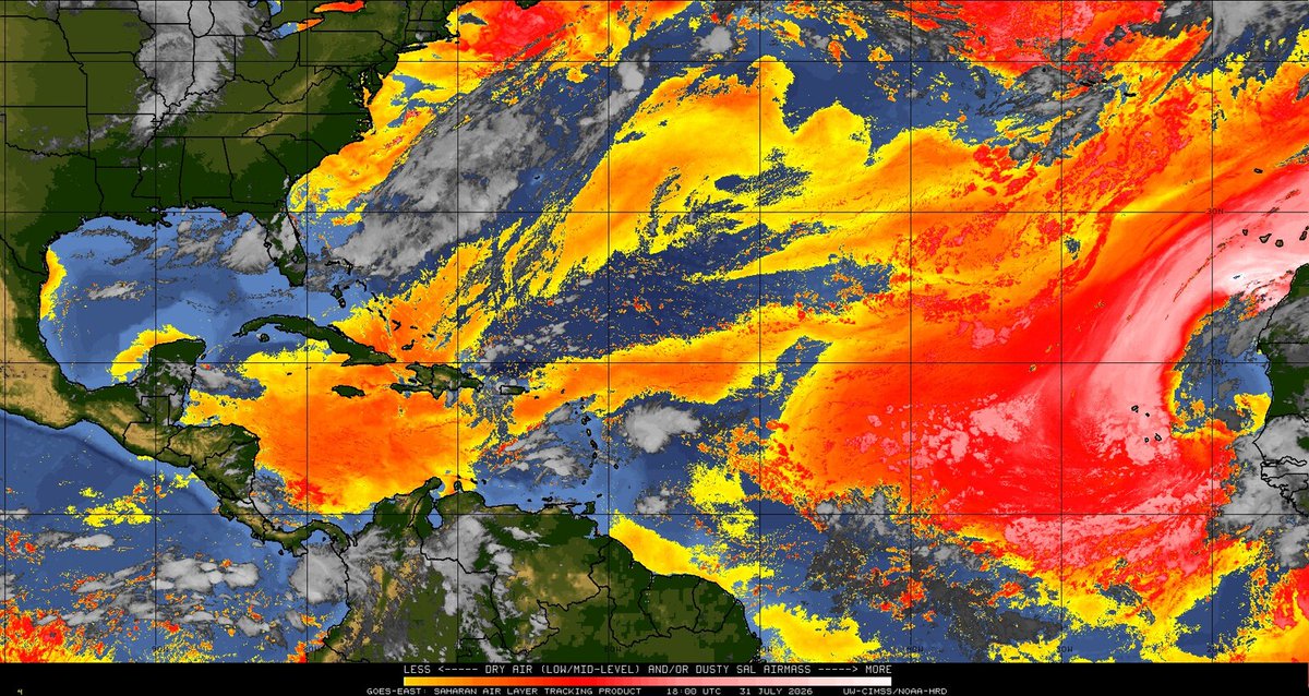 NHC_TAFB's tweet photo. 7/31 - A large plume of Saharan dust & mid-level dry air continues to blanket much of the tropical Atlantic, limiting shower and thunderstorm development. Saharan dust outbreaks typically begin to decrease after mid-August.
More: https://t.co/26J6Uogt6o #GOESEast #CIMSS #marinewx https://t.co/HEsw7vhew7