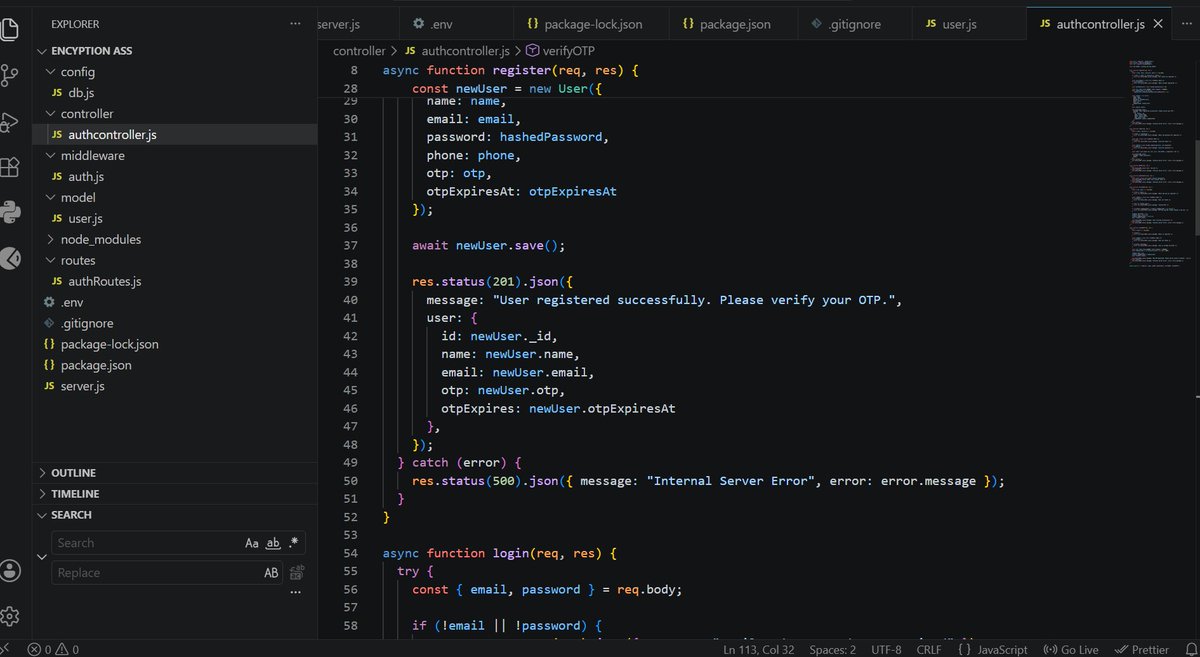 ferzherzee's tweet photo. Documenting my backend journey 

Implemented OTP expiration today. Each OTP gets an expiry timestamp with Date and setMinutes, and verifyOTP checks it before accepting a code. Also clear otp fields once verification succeeds, so a used code can't be replayed.

#buildinpublic https://t.co/qsO3iwYYA3
