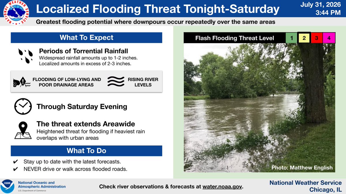 NWSChicago's tweet photo. 🧵(1/3) Rounds of showers, and perhaps even a couple storms, will move across the area through Saturday evening. Heavy downpours are expected tonight and Saturday which may lead to localized flooding and river rises. Remember never drive through flooded roads! #ILwx #INwx https://t.co/I4HyL23Uy4