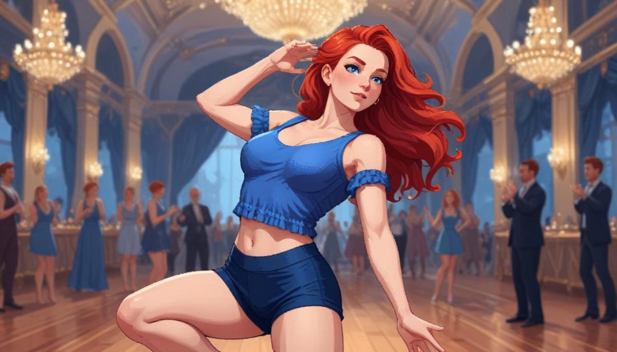 maell55's tweet photo. A pixel art representation of a European woman with large breasts, red hair, dressed in a blue shirt and yoga shorts, dancing elegantly in a grand ballroom during a gala. https://t.co/9pqbRcidJS