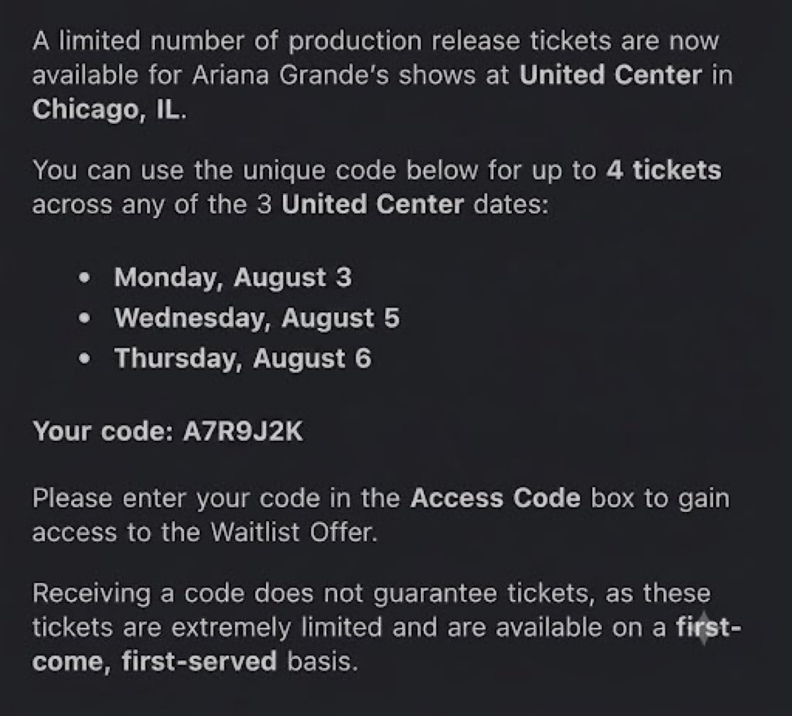 FrontFloorTix's tweet photo. I got off the WAITLIST CODE for the Ariana Chicago, IL show. 

If you want it, DM me ASAP. It's first come, first served and I won't be holding it for anyone.

Once it's gone, it's gone. ⏳

#tickets #ariana https://t.co/iwOOacMPEl