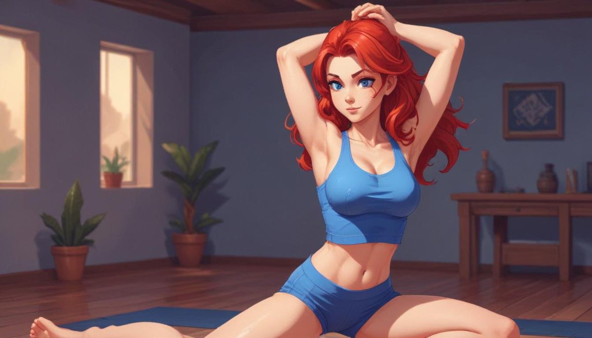 maell55's tweet photo. 1girl, pixel art, large breasts, cleavage, red hair, yoga short, blue shirt ,dancing,  magnific ai https://t.co/DuTzeCTS8K