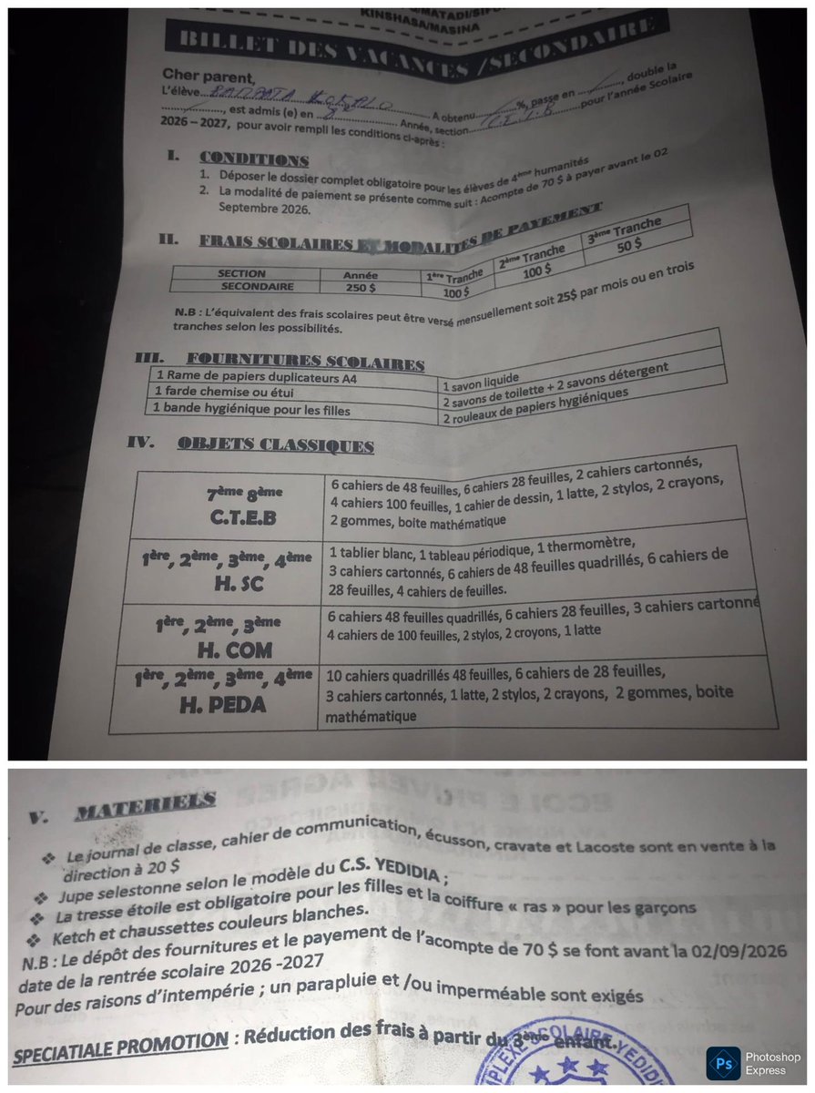 aulide_bepaly's tweet photo. @seigneurCHRIS01 @Fondation_CIM Complexe scolaire yedidia pour un élève du secondaire total frais 270$ d'autres détails dans le billet de vacances que j'ai publié contact  +243824182686 https://t.co/3EwZ8Vqr62