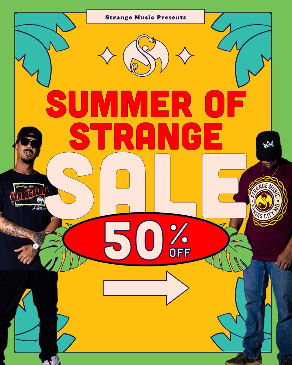 StrangeMusicInc's tweet photo. Summer of Strange sale 🌴☀️☀️ 50% off select merch!! --> https://t.co/T7nhCl7UMh! https://t.co/hCKx6ZaKKG