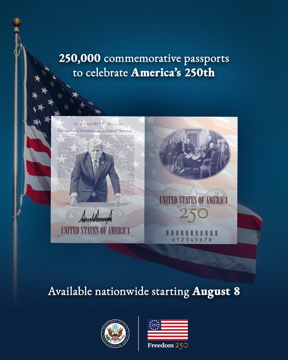 Miarmpni's tweet photo. Starting August 8, apply for an America 250th commemorative passport at a passport agency near you. https://t.co/9A1ZGlfigT