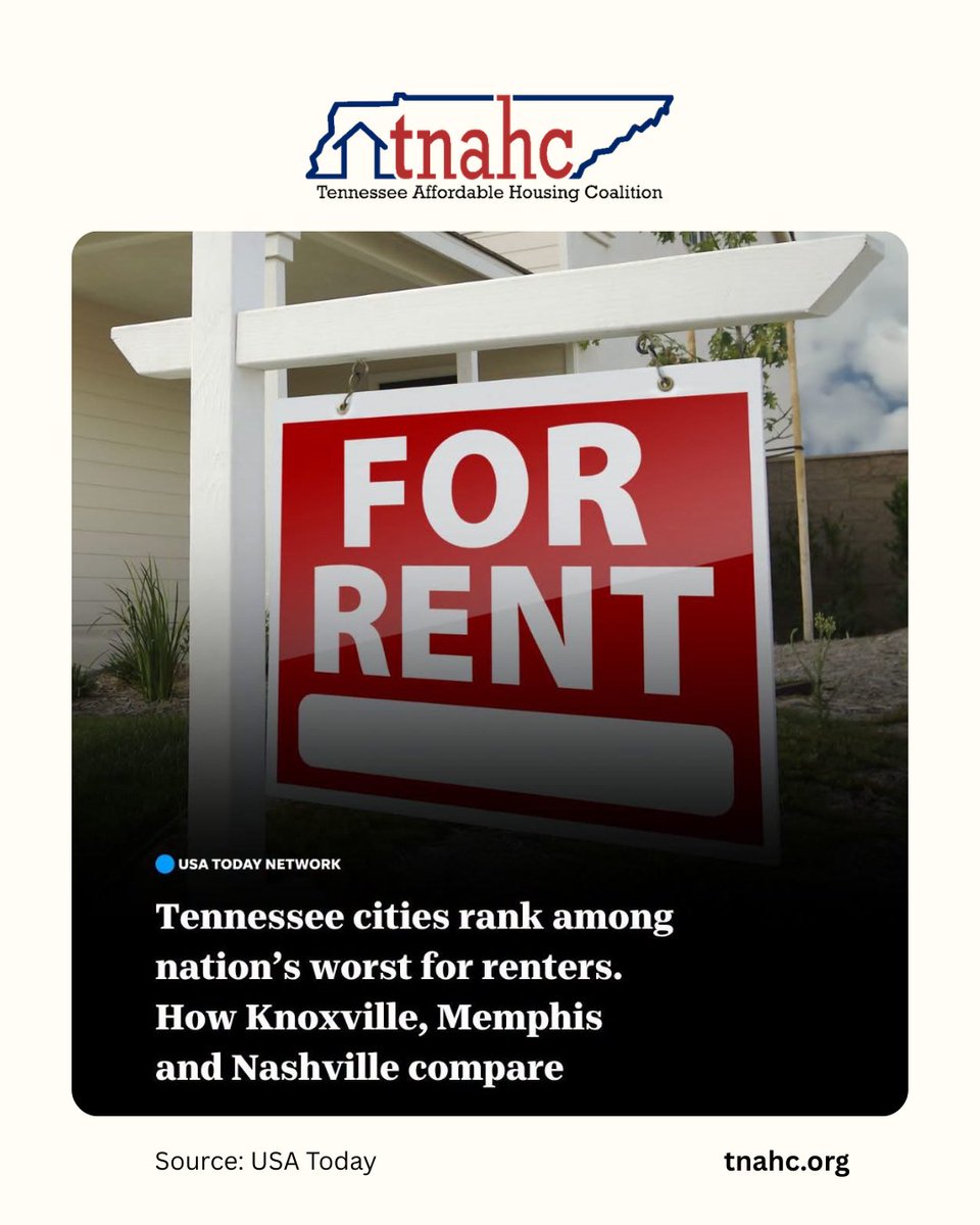 TNHousingCoalit's tweet photo. TN renters deserve better.  

A new report ranks several TN cities among the nation's worst for renters — a reminder that our state's housing challenges extend beyond homeownership.  

Together, we can build a stronger TN — for everyone. Join #TNAHC at https://t.co/ByicdK1ERc. https://t.co/4eKZ7GcOv7