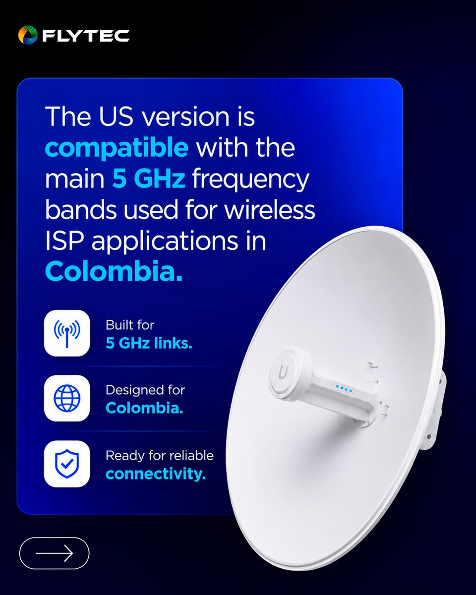 FlytecCompUSA's tweet photo. Can the Ubiquiti PBE-5AC-Gen2-US be used in Colombia? Yes.
Its US version supports key 5 GHz frequency ranges used in WISP deployments, while delivering up to 450+ Mbps throughput, a 25 dBi antenna, Gigabit Ethernet, and Passive 24V PoE.
Part 2 coming next.
#powerbeam https://t.co/C8zA7Gj2mX
