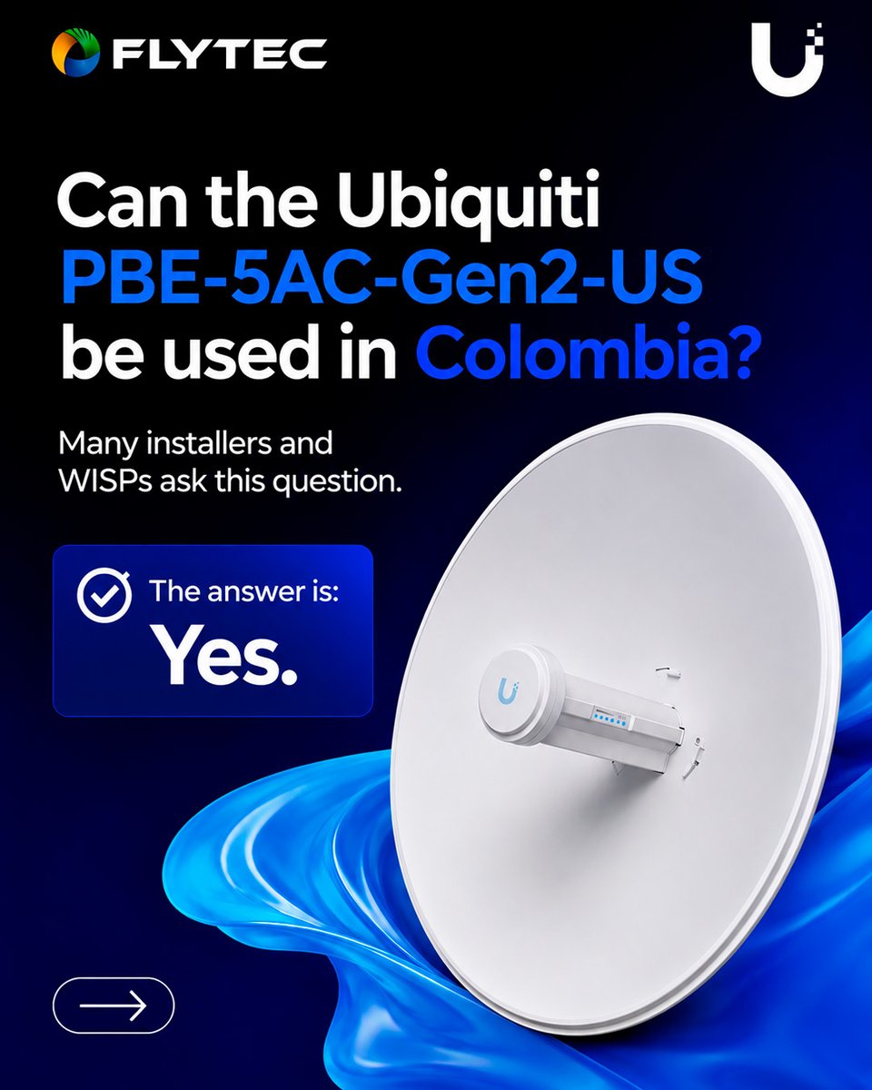 FlytecCompUSA's tweet photo. Can the Ubiquiti PBE-5AC-Gen2-US be used in Colombia? Yes.
Its US version supports key 5 GHz frequency ranges used in WISP deployments, while delivering up to 450+ Mbps throughput, a 25 dBi antenna, Gigabit Ethernet, and Passive 24V PoE.
Part 2 coming next.
#powerbeam https://t.co/C8zA7Gj2mX