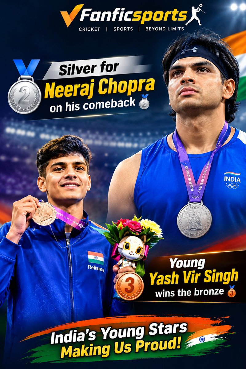 MrAsheeshShukla's tweet photo. 🏆An all-Asian javelin podium at CWG 🏆

Gold for Sri Lanka's Rumesh Pathirage 🥇

Silver for Neeraj Chopra on his comeback 🥈

Young Yash Vir Singh wins the bronze 🥉

#Javelin #CWG2026 #fanficsports #vfanficsports #uniksports #30JUL2026 #MrAsheeshShukla https://t.co/R8L8nSAxCZ