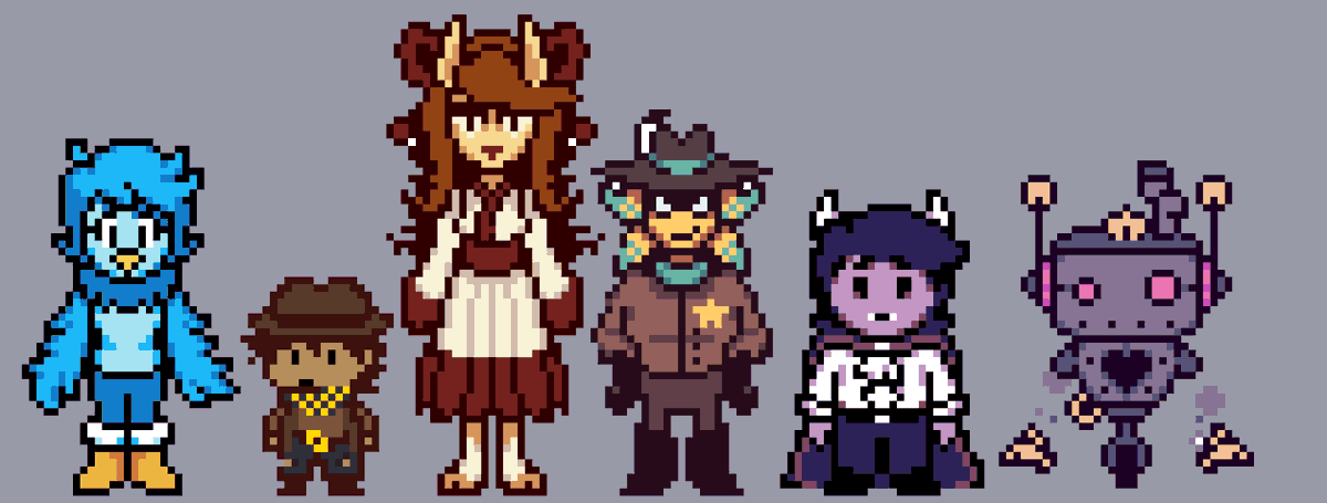 lAZUliLudicrous's tweet photo. Dalv and Martlet's resprites are pretty good, so I wanted to try and remake Clover, Starlo, and Ceroba, too
I wanted to focus on everyone having differing body types and silhouettes 
Pretty proud of the result!
#UTY #UndertaleYellow #UTDR https://t.co/gSlBT1rElI
