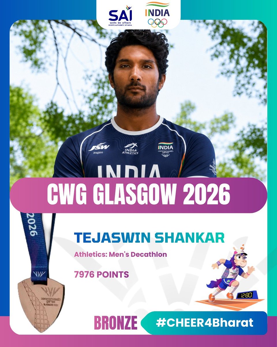 Media_SAI's tweet photo. Result Update🚨: Men's Decathlon

TJ Creates History!

Tejaswin Shankar scripts a historic first for India, clinching the nation's maiden Commonwealth Games medal in Men's Decathlon!

The TOPS Development athlete delivered an outstanding all-round performance across 10 events, finishing with 7976 points. 

Congratulations, TJ! A moment to remember for Indian athletics. 💪🇮🇳

#CWG2026 #Cheer4Bharat #Glasgow2026