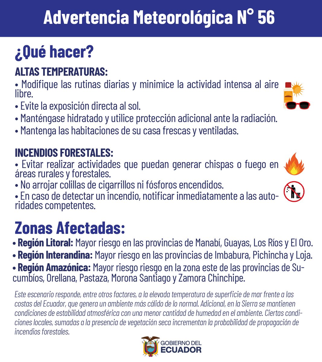 inamhi_ec's tweet photo. #AdvertenciaMeteorológicaEc #56 🌡️Del 01 al 04 de agosto se prevé incremento de la temperatura en horas del día e índices de radiación UV en varias localidades del Ecuador ☀️😎 🥵
Mayor información 👇 https://t.co/DulbtyGasM