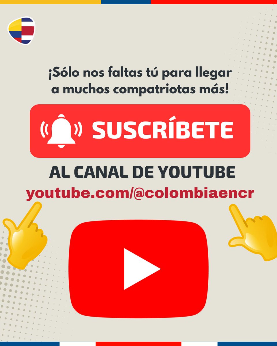 Colombiaencr's tweet photo. ¡Nos ayudarían mucho siguiendo nuestro canal de Youtube! contenido propio para la comunidad de colombianos en Costa Rica. Suscríbete para poder llegar a nuestra anhelada meta. https://t.co/kRAORfp6aT