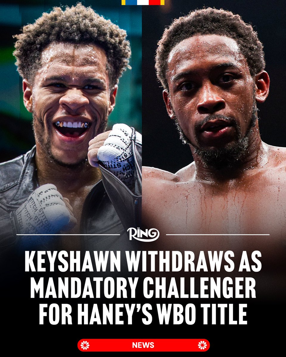 ringmagazine's tweet photo. ‼️ Breaking: Keyshawn Davis' team has formally informed the WBO that he will not move forward with challenging Devin Haney for his welterweight title, according to a letter obtained by The Ring's @MikeCoppinger.

Davis was set to earn $2.13 million following the result of Thursday’s purse bid that was won by Top Rank.