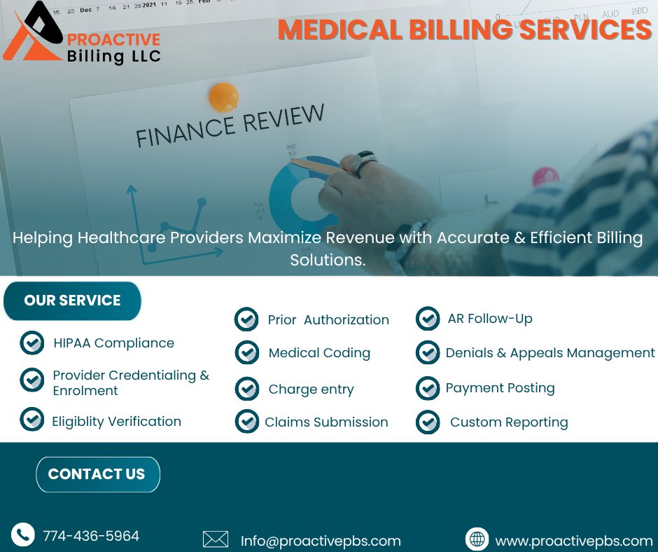 proactivepbs's tweet photo. Proactive Billing LLC helps healthcare providers with:
✔️ Eligibility Verification
✔️ Prior Authorizations
✔️ Claims Submission
✔️ Payment Posting
✔️ Denial Management
✔️ Credentialing
✔️ AR Follow-Up
✔️ RCM

📞 (774) 436-5964
📧 info@proactivepbs.com
🌐 https://t.co/UMODfH4v0P https://t.co/R0ZrCvaafZ