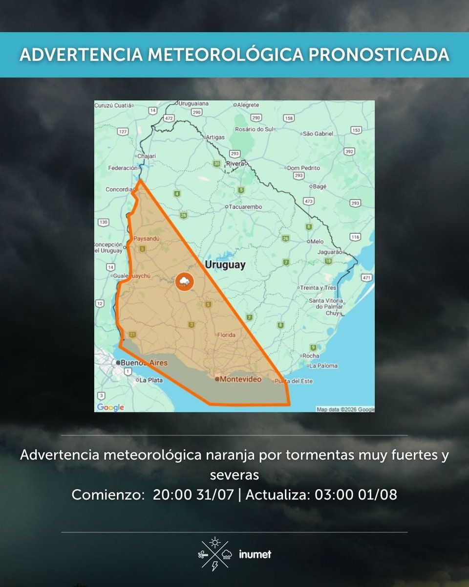 Inumet_'s tweet photo. Advertencias meteorologías por  tormentas muy fuertes y severas. https://t.co/Tn4HfdI3yk