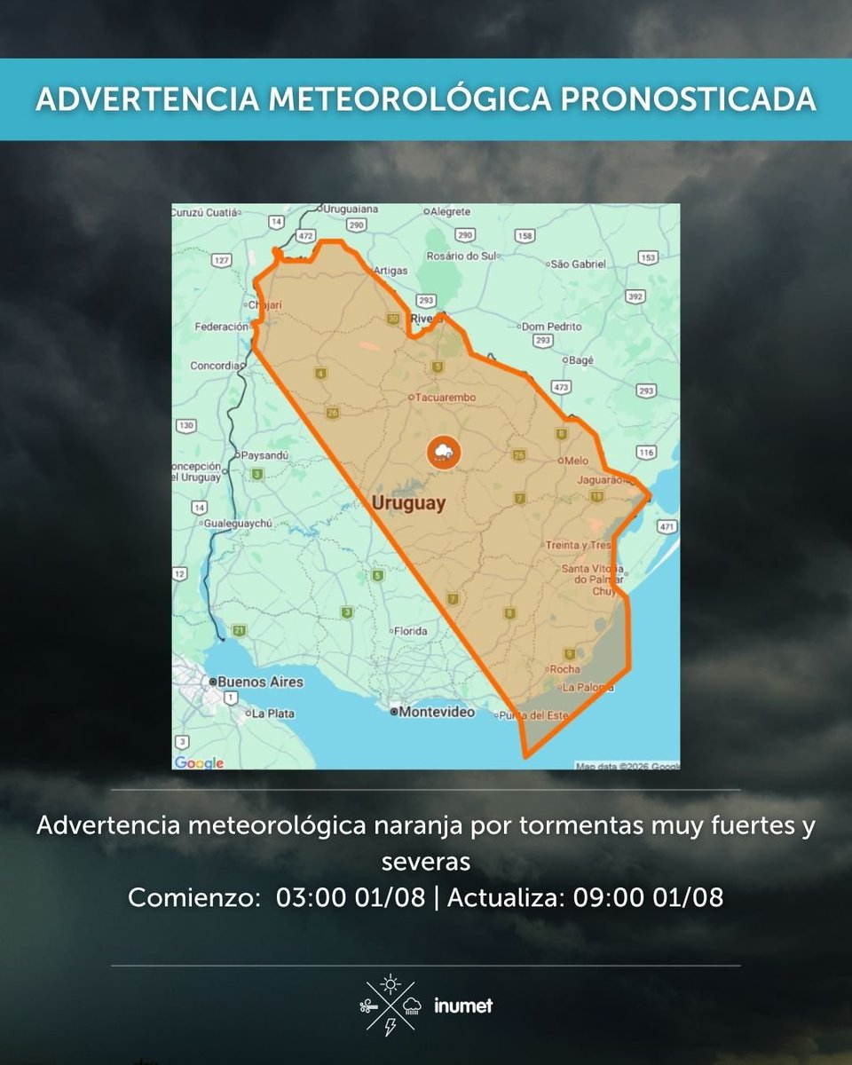 Inumet_'s tweet photo. Advertencias meteorologías por  tormentas muy fuertes y severas. https://t.co/Tn4HfdI3yk