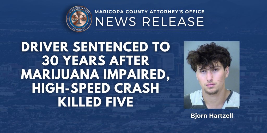 marcoattorney's tweet photo. Bjorn Hartzell has been sentenced to 30 years in prison for causing a fatal crash that killed five people.

"No one expects a routine drive to end in tragedy because another driver chose to speed while impaired. Cases like this highlight why reckless and impaired driving remain among the greatest dangers on our roads. Five lives were lost because of one person's decisions behind the wheel. While no sentence can undo that loss, we will continue to seek justice for victims and hold dangerous drivers accountable." - Maricopa County Attorney @Rachel1Mitchell

Read more about this case here: https://t.co/snbmuB7Bkj