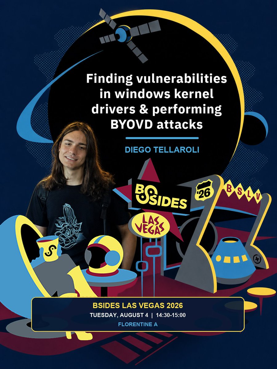 HakaiOffsec's tweet photo. In this talk, we will cover reverse engineering Windows kernel-mode drivers, identifying vulnerabilities, and performing BYOVD (Bring Your Own Vulnerable Driver) attacks.

We will learn techniques to exploit driver vulnerabilities in order to bypass EDRs or gain kernel-level permissions. Additionally, we will review BYOVD attacks carried out by real APTs and how they disable EDRs and antivirus software using kernel-mode techniques.

Diego Tellaroli @diegotellaroli
Breaking Ground, Tuesday 14:30-15:00, Florentine A (4 of august)
BSides La Vegas https://t.co/0uWJhukvbQ