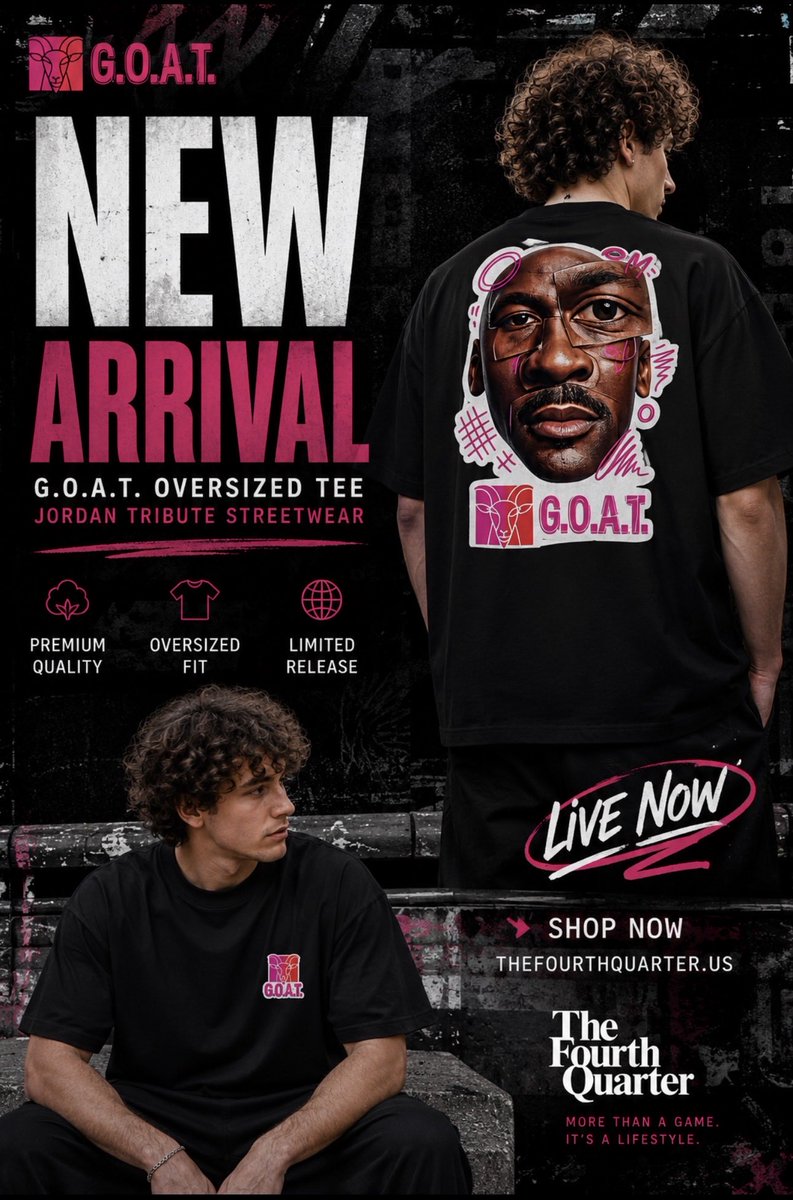 Dfs4Everyone's tweet photo. NOW LIVE.

The first drop from The Fourth Quarter has officially arrived.

The G.O.A.T. Oversized Tee is built with a premium heavyweight feel, oversized fit, and a design inspired by greatness.

No restocks promised. Once it’s gone, it’s gone.

🛒 Shop now: https://t.co/DfFw5UZNgh

#TheFourthQuarter #GOAT #Streetwear #OversizedTee #Jordan #StreetFashion #NewDrop #GraphicTees #WearGreatness