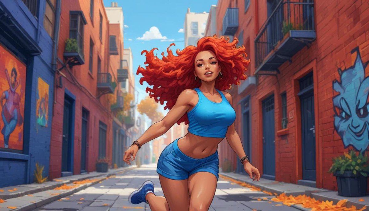 maell55's tweet photo. Pixel art showing a mixed-race woman with large breasts, red hair, wearing a blue shirt and yoga shorts, dancing freely in a vibrant street art alley during autumn. https://t.co/fgHFcFPZBs