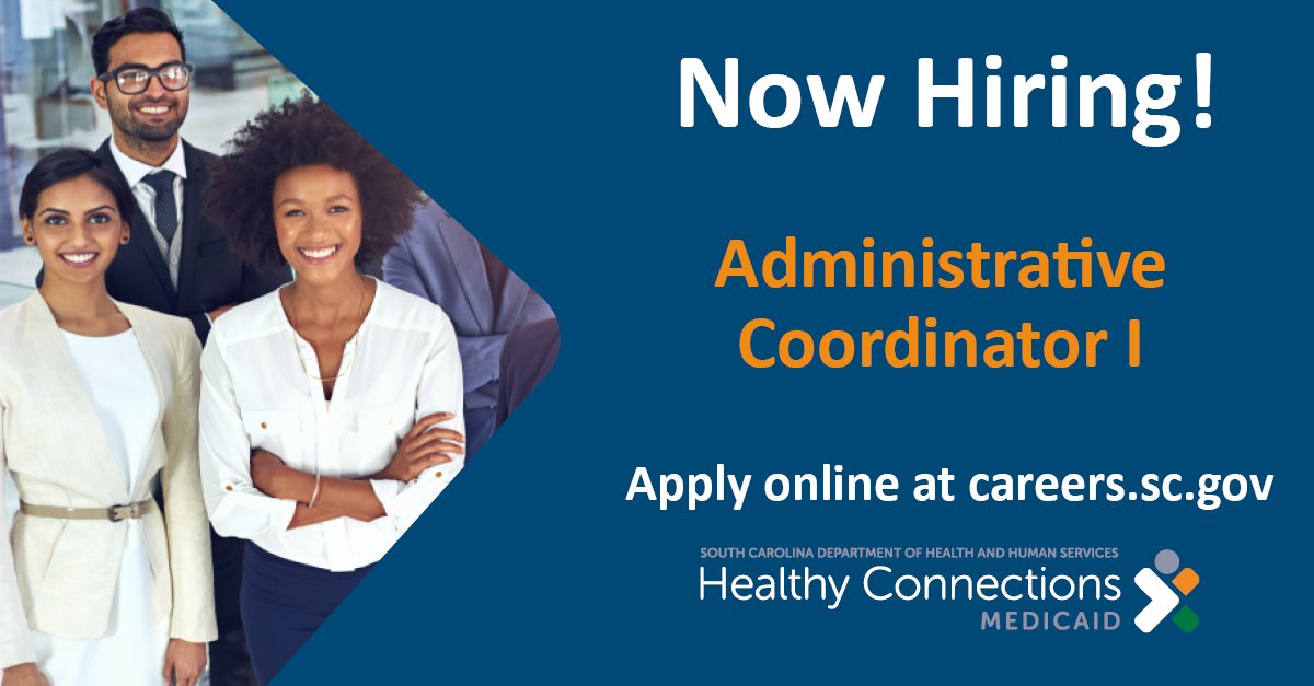 scmedicaid's tweet photo. SCDHHS is hiring an administrative coordinator who will work within the Office of External Affairs. This job is located in Richland County. Applications close Aug. 7.
Read more and apply: https://t.co/ibE1FnuwDK. https://t.co/qin1UMjqYN