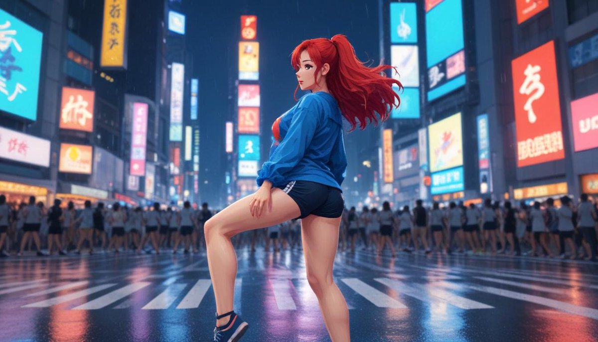 maell55's tweet photo. Pixel art of a Japanese woman with large breasts, red hair, wearing a blue shirt and yoga shorts, dancing on a neon-lit Shibuya crossing on a rainy night. https://t.co/TZGWM4mOMM